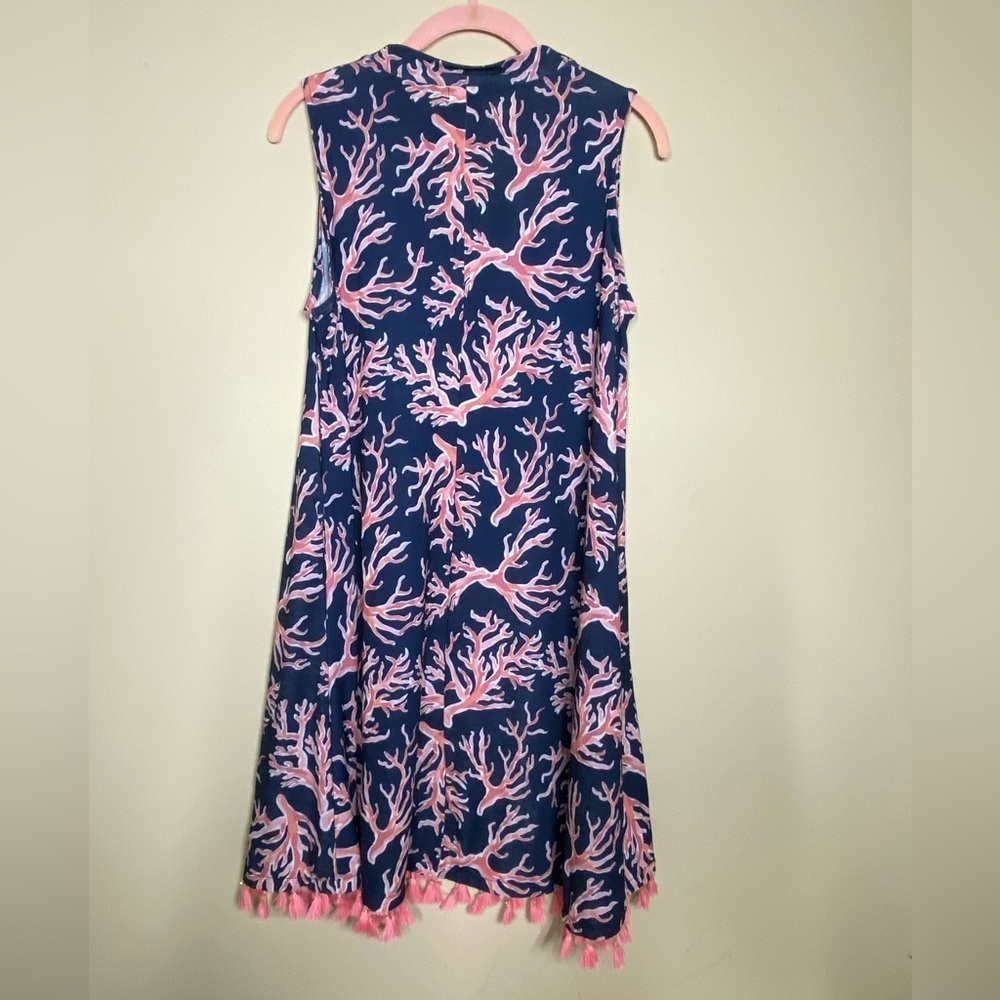 Simply Southern Navy and Pink Coral Print Dress with Tassel Detail M - Picture 2 of 6